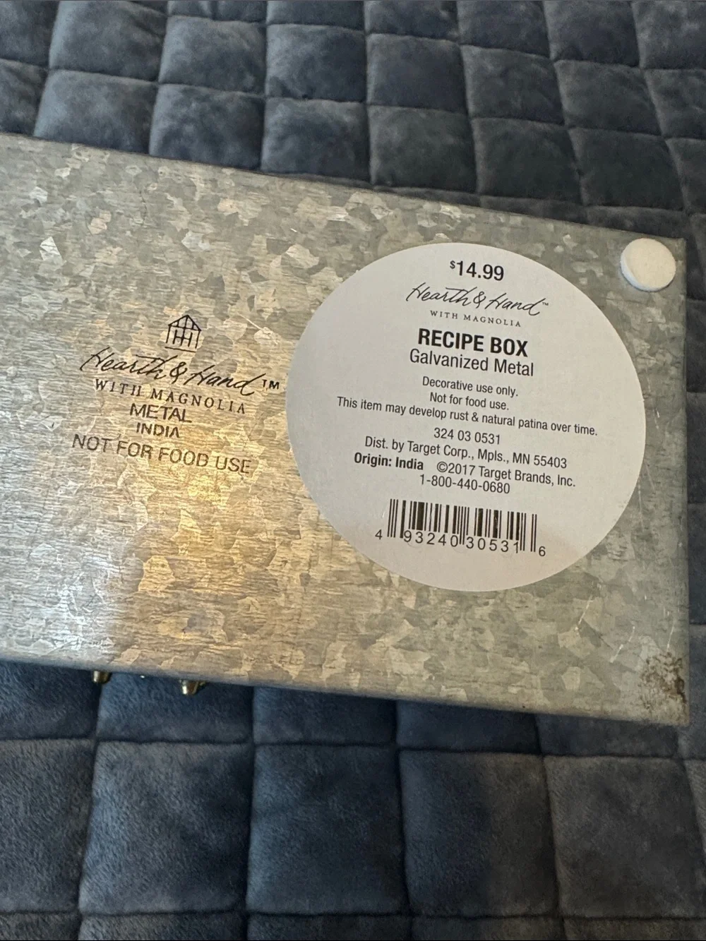 Hearth &hand Galvanized Metal Recipe Box with Brass Latch -silver gray